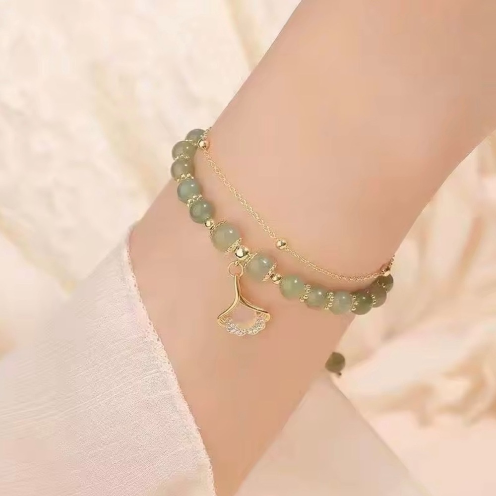 Lucky Moonstone and Jade Beaded Bracelet with Gold Accents